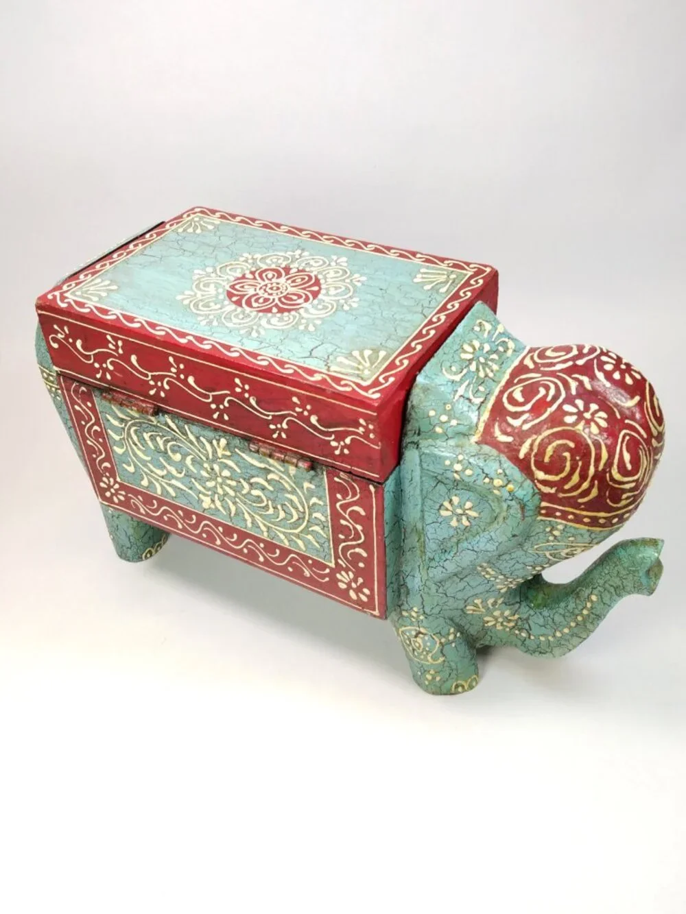 Hand Painted Wooden Elephant Jewelry Trinket Storage Box